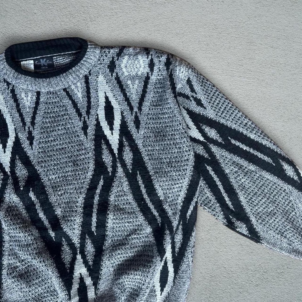 Krizia Vintage Wool Geometric Sweater Grey Black Large Italy Crew Neck